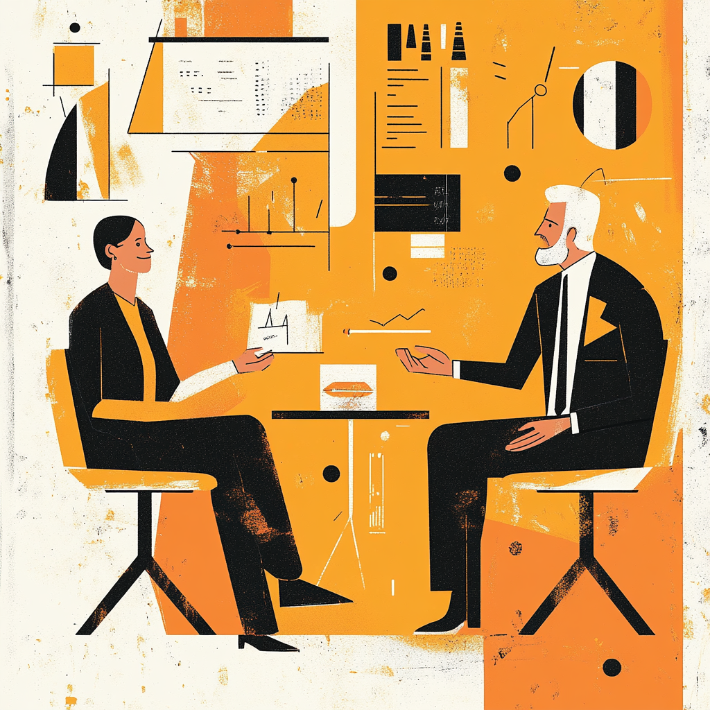 Illustration d’un CEO expliquant comment l’intelligence artificielle a amélioré ses marges, dans un cadre professionnel moderne – illustration de couverture d’ebook.