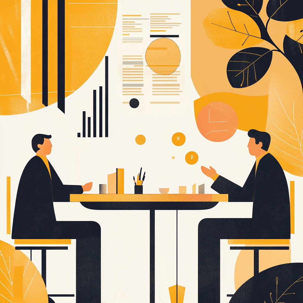 Illustration de deux professionnels en réunion stratégique, représentant le rôle du CRO (Chief Revenue Officer) dans l’entreprise.