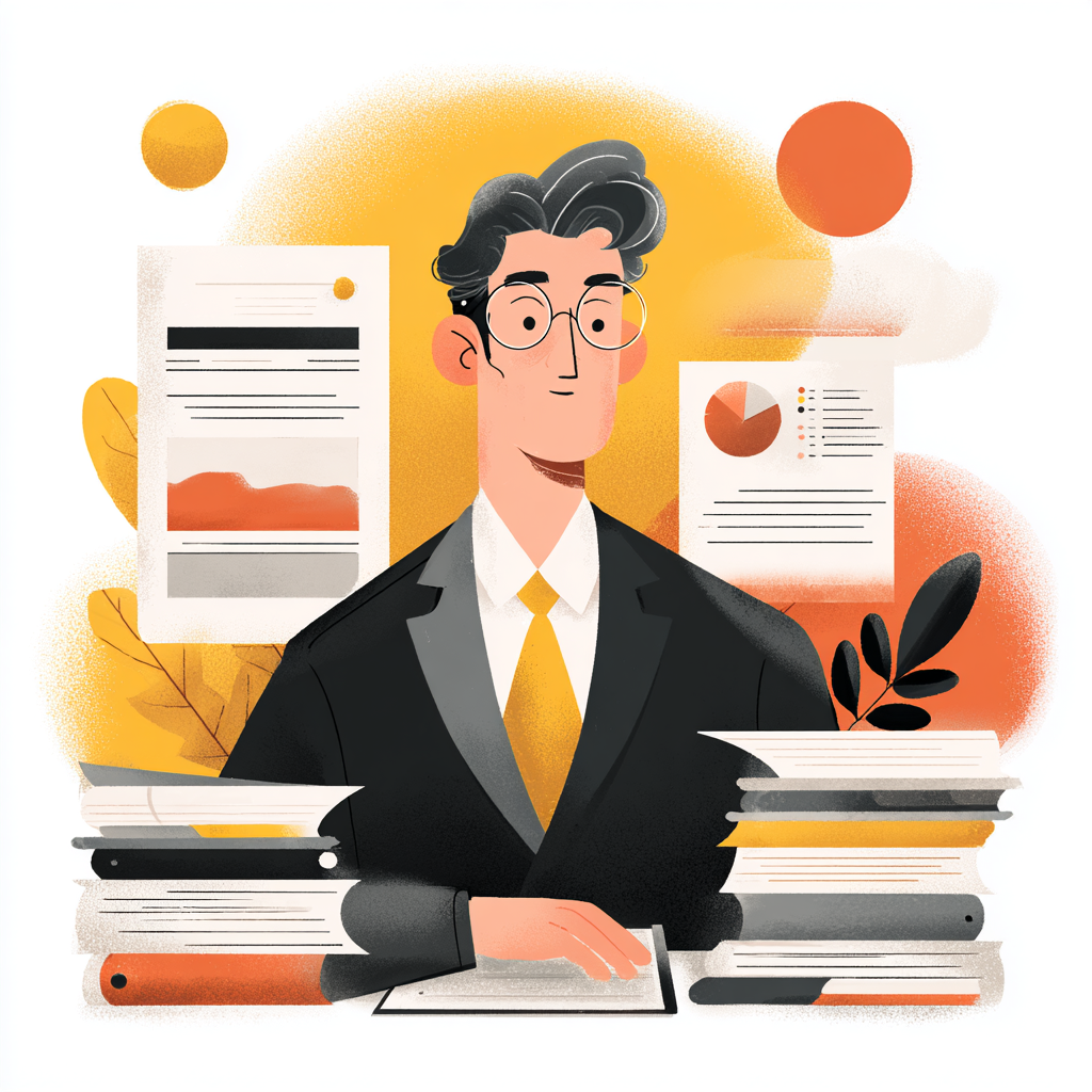 Illustration d’un CEO concentré devant une pile de dossiers, symbolisant la gestion du temps et la productivité.