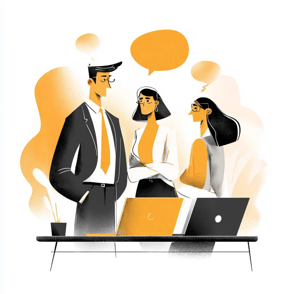 Illustration de trois professionnels en réunion d’affaires autour d’un ordinateur portable, symbolisant la collaboration marketing et ventes.