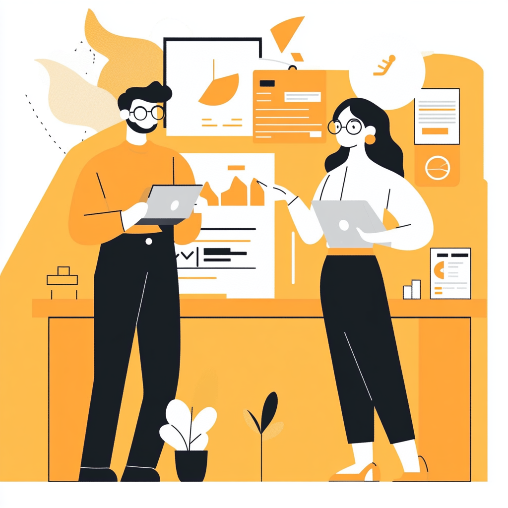 Illustration de deux professionnels échangeant des idées pour maximiser la valeur produit et améliorer l’offre.