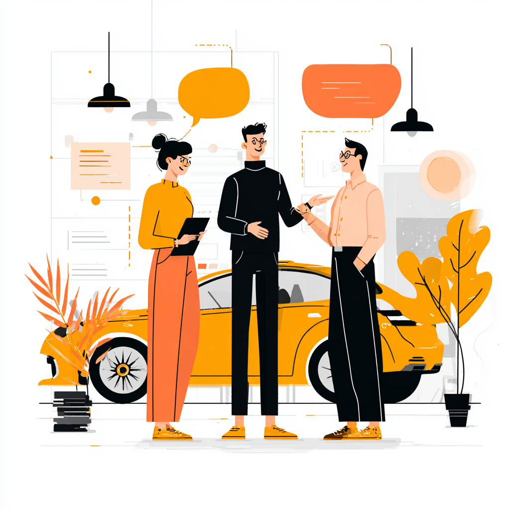 Illustration éditoriale représentant une équipe travaillant ensemble dans un environnement automobile, symbolisant la collaboration pour lancer une marque avec une équipe externe